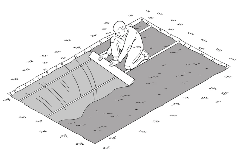 Splitt sorgfältig glatt abziehen. Zeichnung zur Aufbringung von Splitt und das plan machen der Fläche durch Abziehen.