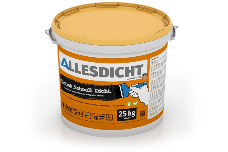 Ein Eimer mit 25 kg ALLESDICHT, der praktischen Flüssigabdichtung von WARCO, die beim Abtrocknen eine hochelastische und dauerhaft dichte Gummihaut bildet.