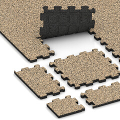 Das Verlegebeispiel zeigt den Eckbereich einer Fläche mit zugeschnittenen Rand- und Eckfliesen. Eine Messeboden-Klickfliese CZ in der Fläche wurde leicht angehoben, so dass die Unterseite sichtbar ist.