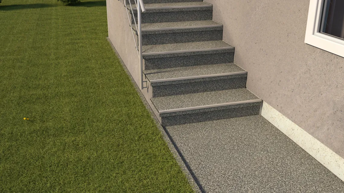 Beispielhafte Verlegung für den Artikel 0287 von WARCO - Treppenbelag, Farbton Grauer Granit in der Abmessung 1000 x 1000 x 18 mm.