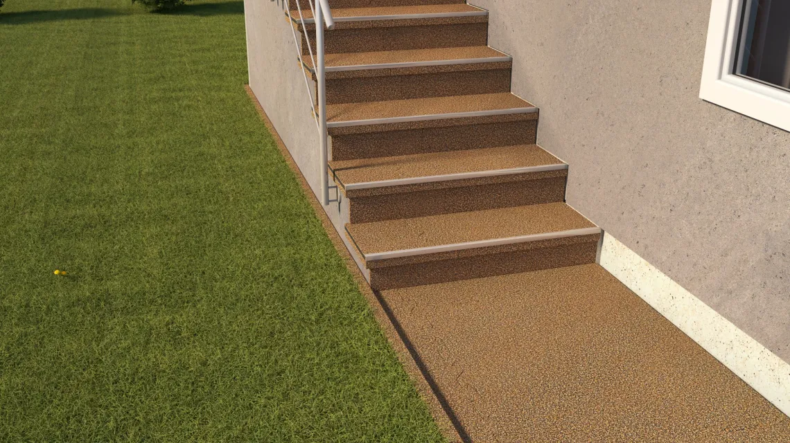 Beispielhafte Verlegung für den Artikel 0299 von WARCO - Treppenbelag, Farbton Rattan Lounge in der Abmessung 1000 x 1000 x 18 mm.