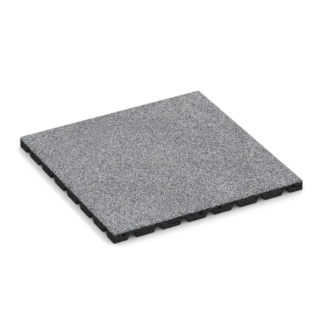 Fallschutzplatte 3 cm - EN 1177 ≤ 100 cm von WARCO im Farbdesign Grau Melange mit den Abmessungen 500 x 500 x 30 mm. Produktfoto von Artikel 5476 in der Aufsicht von schräg vorne.