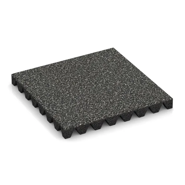 Fallschutzplatte von WARCO im Farbdesign Dunkelgrauer Granit mit den Abmessungen 500 x 500 x 50 mm. Produktfoto von Artikel 5359 in der Aufsicht von schräg vorne.