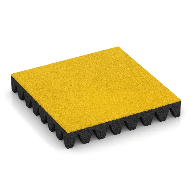 Fallschutzplatte von WARCO im Farbdesign Zitronengelb mit den Abmessungen 500 x 500 x 80 mm. Produktfoto von Artikel 0722 in der Aufsicht von schräg vorne.