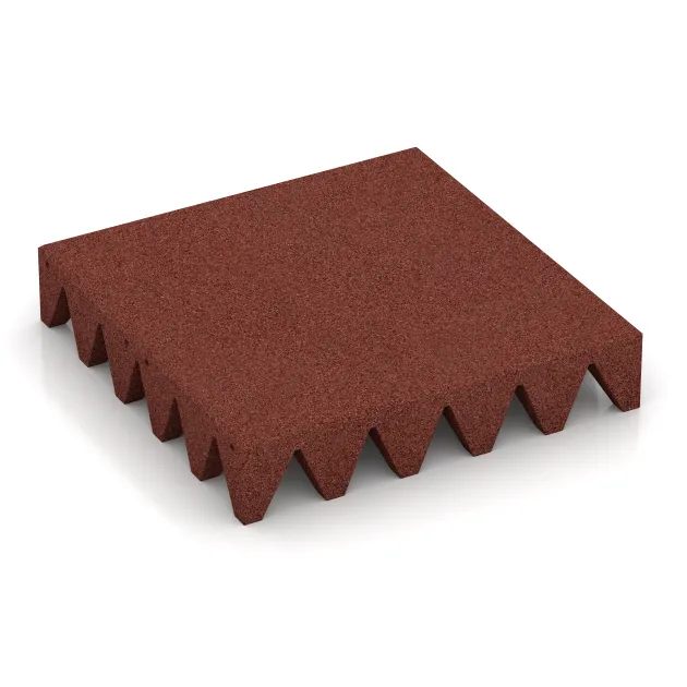 Fallschutzplatte 10 cm - EN 1177 ≤ 300 cm von WARCO im Farbdesign Ziegelrot mit den Abmessungen 500 x 500 x 100 mm. Produktfoto von Artikel 5628 in der Aufsicht von schräg vorne.