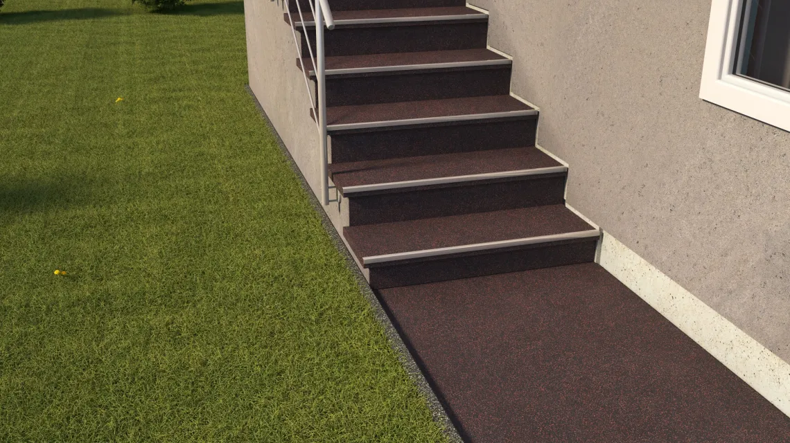 Beispielhafte Verlegung für den Artikel 0896 von WARCO - Treppenfliese, Farbton Leicht Rot Gesprenkelt in der Abmessung 485 x 485 x 8 mm | 0,235 m².