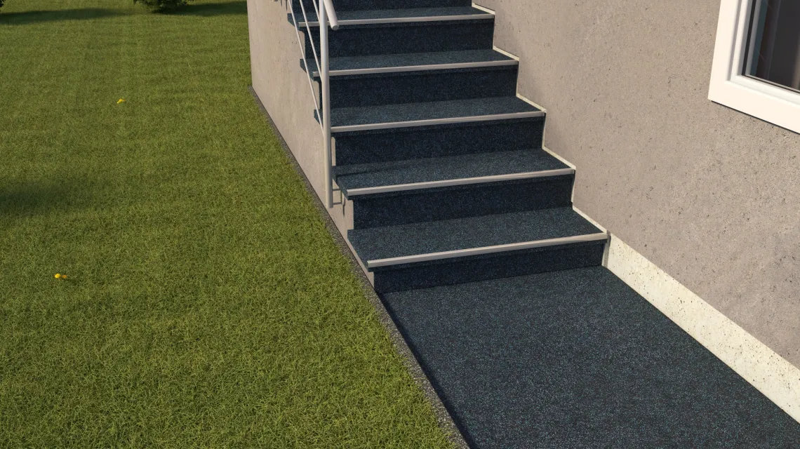 Beispielhafte Verlegung für den Artikel 0901 von WARCO - Treppenfliese, Farbton Leicht Blau Gesprenkelt in der Abmessung 485 x 485 x 8 mm | 0,235 m².