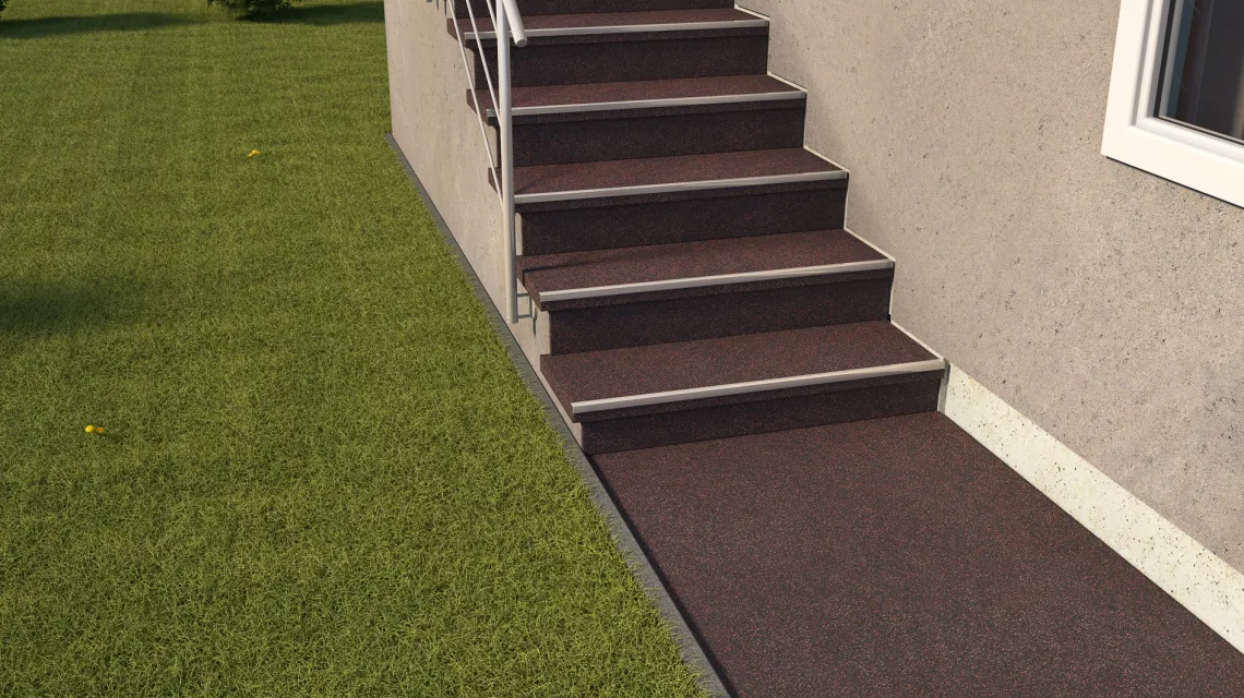 Beispielhafte Verlegung für den Artikel 1033 von WARCO - Treppenfliese, Farbton Leicht Rot Gesprenkelt in der Abmessung 970 x 970 x 8 mm | 0,94 m.