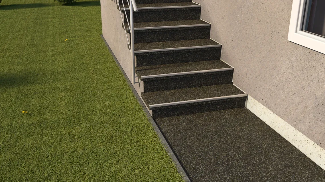 Beispielhafte Verlegung für den Artikel 1047 von WARCO - Treppenfliese, Farbton Leicht Gelb Gesprenkelt in der Abmessung 970 x 970 x 8 mm | 0,94 m.