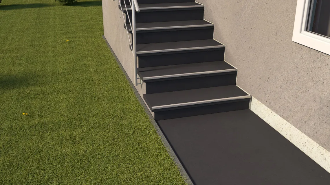 Beispielhafte Verlegung für den Artikel 1048 von WARCO - Treppenbelag, Farbton Anthrazit matt in der Abmessung 970 x 970 x 8 mm | 0,94 m.