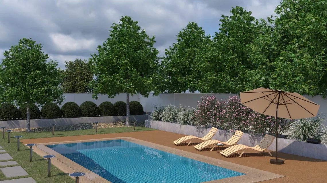 Beispielhafte Verlegung für den Artikel 1210 von WARCO - Poolfliese Classic, Farbton Terra Cotta in der Abmessung 500 x 500 x 30 mm.