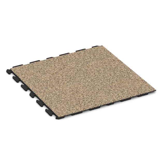 Fitnessboden Gummi-Fliesen Classic von WARCO im Farbdesign Travertin mit den Abmessungen 1000 x 1000 x 30 mm. Produktfoto von Artikel 1606 in der Aufsicht von schräg vorne.