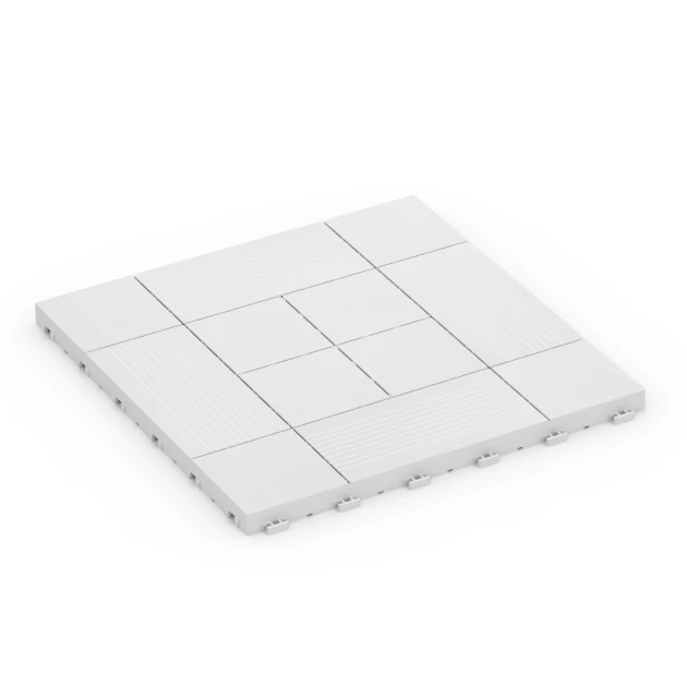 Tafelmuster – Klickfliese von WARCO im Farbdesign Kreide mit den Abmessungen 38,5 x 38,5 x 2 cm. Produktfoto von Artikel 6235 in der Aufsicht von schräg vorne.