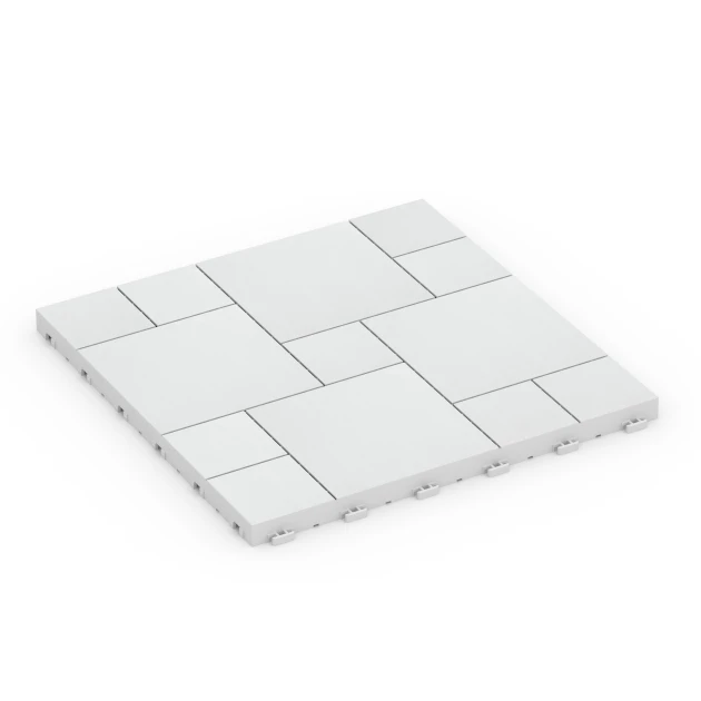 Blockmuster – Klickfliese von WARCO im Farbdesign Kreide mit den Abmessungen 38,5 x 38,5 x 2 cm. Produktfoto von Artikel 6333 in der Aufsicht von schräg vorne.
