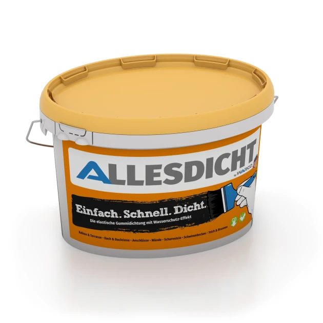 ALLESDICHT – Flüssigabdichtung von WARCO im Farbdesign Schwarz mit den Abmessungen 3 kg | 0,9 m². Produktfoto von Artikel 0035 in der Aufsicht von schräg vorne.