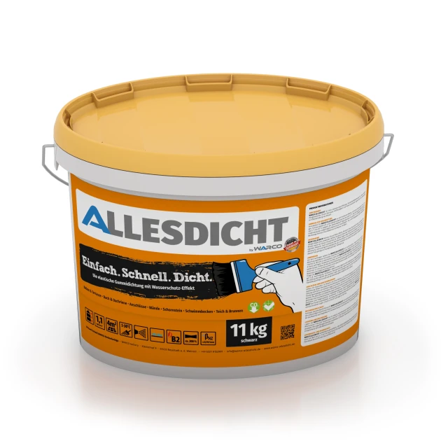 ALLESDICHT – Flüssigabdichtung von WARCO im Farbdesign Schwarz mit den Abmessungen 11 kg | 3,3 m². Produktfoto von Artikel 0028 in der Aufsicht von schräg vorne.
