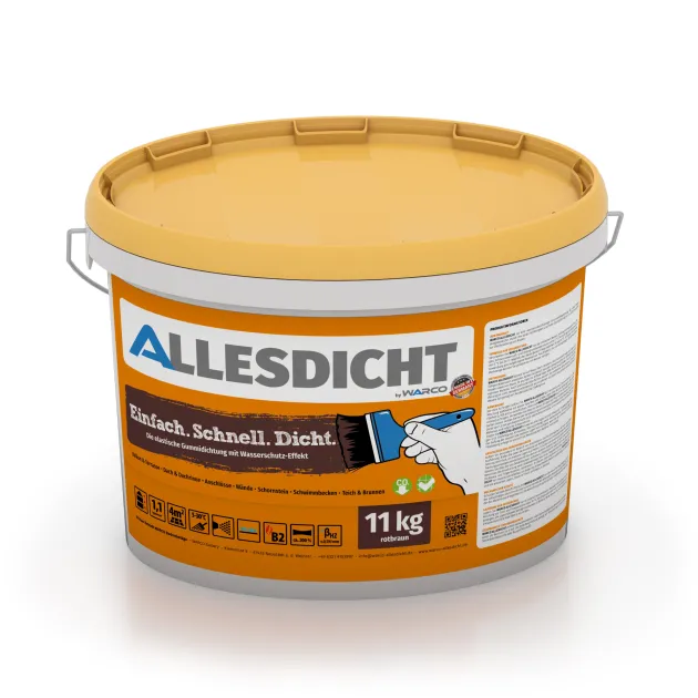 ALLESDICHT – die Gummihaut aus dem Eimer von WARCO im Farbdesign Rotbraun mit den Abmessungen 11 kg | 3,3 m². Produktfoto von Artikel 0010 in der Aufsicht von schräg vorne.