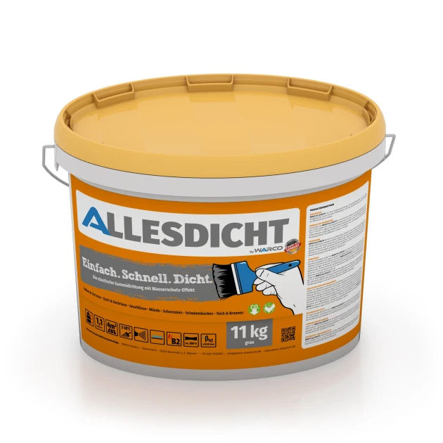 ALLESDICHT – Flüssigabdichtung von WARCO im Farbdesign Grau mit den Abmessungen 11 kg | 3,3 m². Produktfoto von Artikel 0030 in der Aufsicht von schräg vorne.