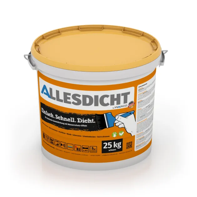 ALLESDICHT – die Gummihaut aus dem Eimer von WARCO im Farbdesign Schwarz mit den Abmessungen 25 kg | 7,6 m². Produktfoto von Artikel 0017 in der Aufsicht von schräg vorne.