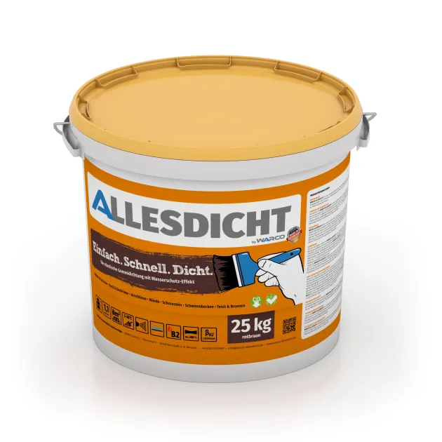 ALLESDICHT – die Gummihaut aus dem Eimer von WARCO im Farbdesign Rotbraun mit den Abmessungen 25 kg | 7,6 m². Produktfoto von Artikel 0018 in der Aufsicht von schräg vorne.