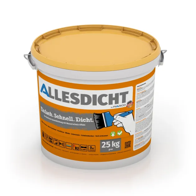 ALLESDICHT – die Gummihaut aus dem Eimer von WARCO im Farbdesign Grau mit den Abmessungen 25 kg | 7,6 m². Produktfoto von Artikel 0019 in der Aufsicht von schräg vorne.