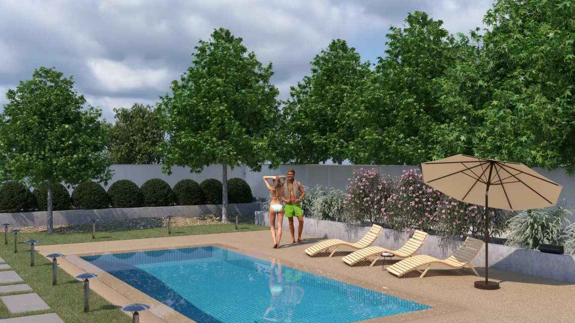 Beispielhafte Verlegung für den Artikel 2926 von WARCO - Poolfliese, Farbton Travertin in der Abmessung 500 x 500 x 40 mm.