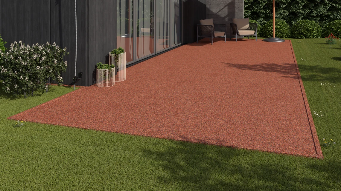 Beispielhafte Verlegung für den Artikel 3733 von WARCO - Steinteppich-Klickfliese, Farbton Feuersglut in der Abmessung 306 x 306 x 20 mm.