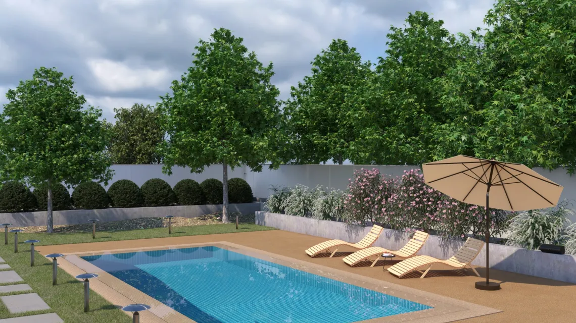 Beispielhafte Verlegung für den Artikel 3861 von WARCO - Poolfliese Fugenlos, Farbton Rattan Lounge in der Abmessung 306 x 306 x 20 mm.