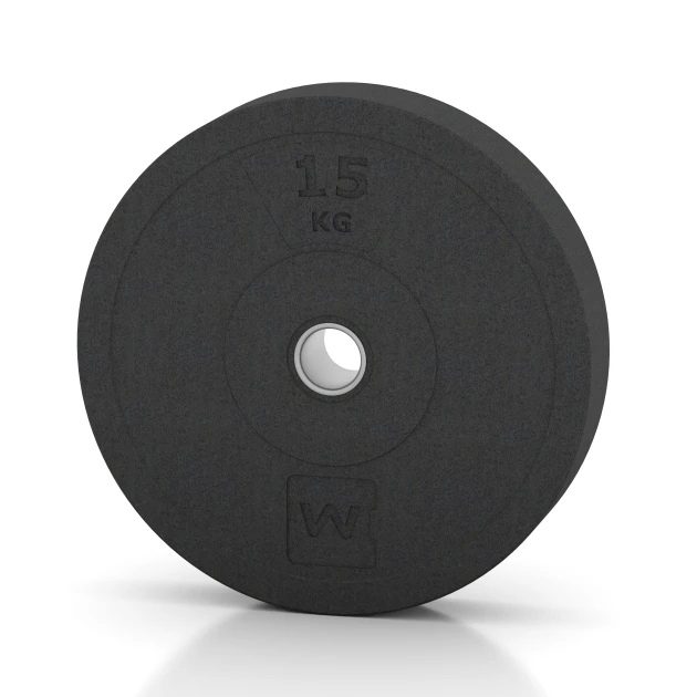 Bumper Plate – Hantelscheibe von WARCO im Farbdesign Anthrazit mit den Abmessungen 15 kg | ø 45,4 x 8,61 cm. Produktfoto von Artikel 6086 in der Aufsicht von schräg vorne.