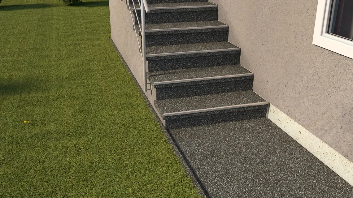 Beispielhafte Verlegung für den Artikel 5422 von WARCO - Treppenfliese, Farbton Dunkelgrauer Granit in der Abmessung 306 x 306 x 20 mm.