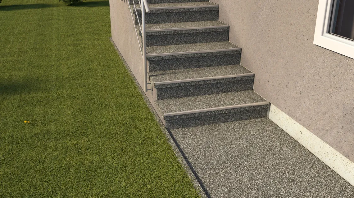 Beispielhafte Verlegung für den Artikel 5423 von WARCO - Treppenfliese, Farbton Grauer Granit in der Abmessung 306 x 306 x 20 mm.