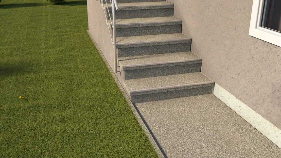 Beispielhafte Verlegung für den Artikel 5424 von WARCO - Treppenfliese, Farbton Heller Granit in der Abmessung 306 x 306 x 20 mm.