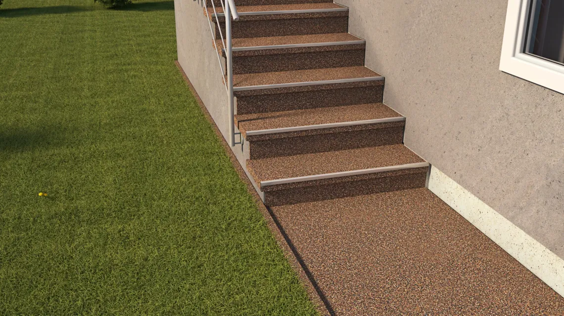 Beispielhafte Verlegung für den Artikel 5428 von WARCO - Treppenfliese, Farbton Bast & Borke in der Abmessung 306 x 306 x 20 mm.