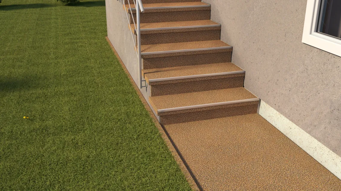 Beispielhafte Verlegung für den Artikel 5435 von WARCO - Treppenfliese, Farbton Rattan Lounge in der Abmessung 306 x 306 x 20 mm.