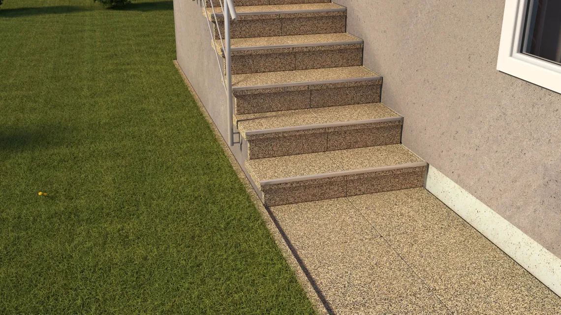 Beispielhafte Verlegung für den Artikel 5456 von WARCO - Treppenbelag, Farbton Travertin in der Abmessung 500 x 500 x 30 mm.