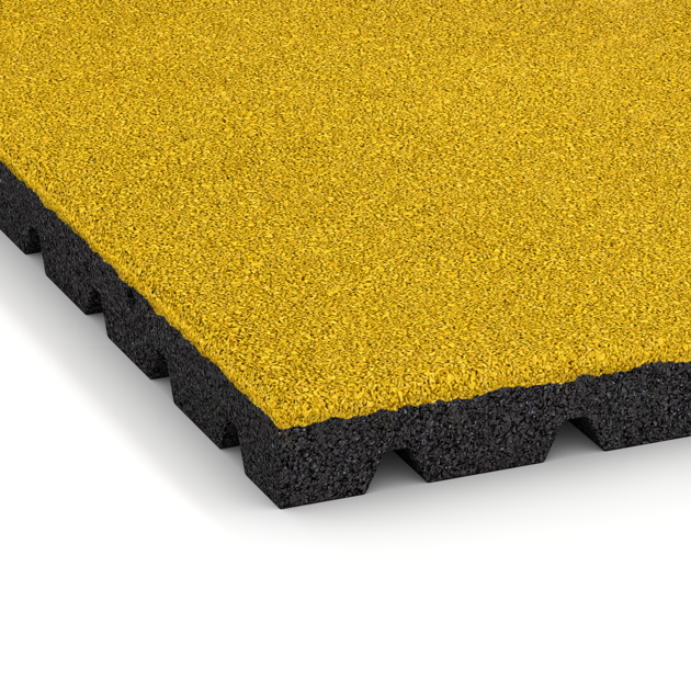 Detailaufnahme der Randausprägung von WARCO-Produkt 0770, Fallschutzmatte, Format 1000 x 1000 x 40 mm, Farbe Zitronengelb.