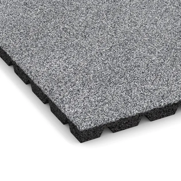 Detailaufnahme der Randausprägung von WARCO-Produkt 5476, Fallschutzplatte 3 cm - EN 1177 ≤ 100 cm, Format 500 x 500 x 30 mm, Farbe Grau Melange.