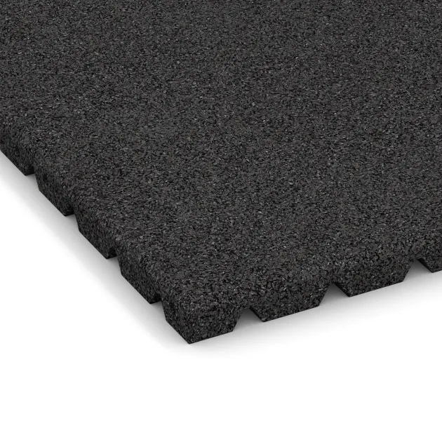 Detailaufnahme der Randausprägung von WARCO-Produkt 5462, Fallschutzplatte 3 cm - EN 1177 ≤ 100 cm, Format 500 x 500 x 30 mm, Farbe Anthrazit.