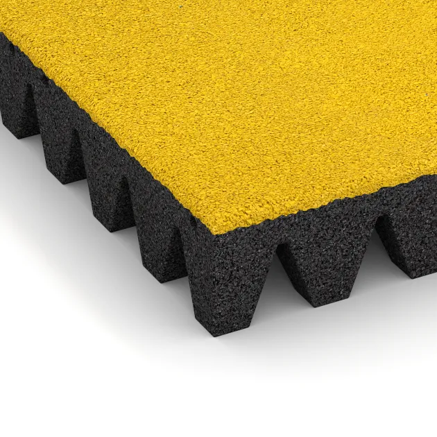 Detailaufnahme der Randausprägung von WARCO-Produkt 0722, Fallschutzplatte, Format 500 x 500 x 80 mm, Farbe Zitronengelb.