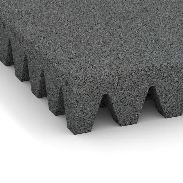 Detailaufnahme der Randausprägung von WARCO-Produkt 0729, Fallschutzplatte, Format 500 x 500 x 80 mm, Farbe Schiefergrau.