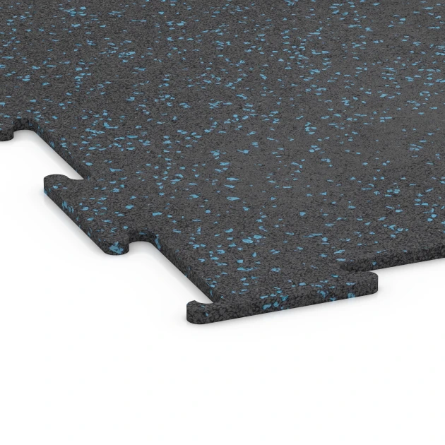 Detailaufnahme der Randausprägung von WARCO-Produkt 6457, Fitnessboden Kompakt, Format 50 × 50 × 0,8 cm, Farbe Leicht Blau Gesprenkelt.