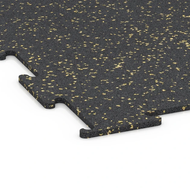 Detailaufnahme der Randausprägung von WARCO-Produkt 6460, Fitnessboden Kompakt, Format 50 × 50 × 0,8 cm, Farbe Leicht Gelb Gesprenkelt.