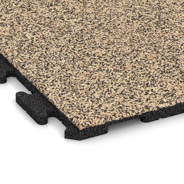 Detailaufnahme der Randausprägung von WARCO-Produkt 1606, Fitnessboden Gummi-Fliesen Classic, Format 1000 x 1000 x 30 mm, Farbe Travertin.