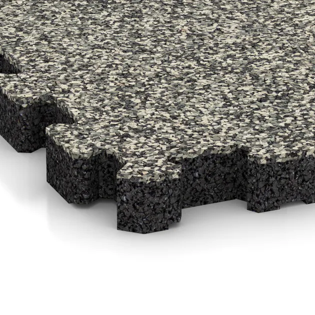Detailaufnahme der Randausprägung von WARCO-Produkt 4269, Steinteppich-Klickfliese, Format 306 x 306 x 30 mm, Farbe Heller Granit.