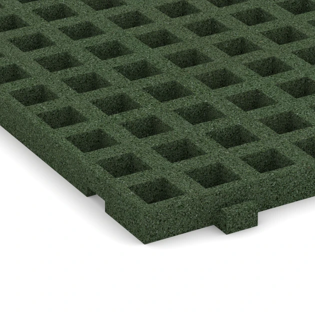 Detailaufnahme der Randausprägung von WARCO-Produkt 6116, Fallschutz-Rasengittermatte, Format 100 x 50 x 4,5 cm, Farbe Grasgrün.