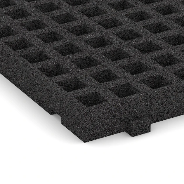 Detailaufnahme der Randausprägung von WARCO-Produkt 6114, Fallschutz-Rasengittermatte, Format 100 × 50 × 6,5 cm, Farbe Anthrazit.