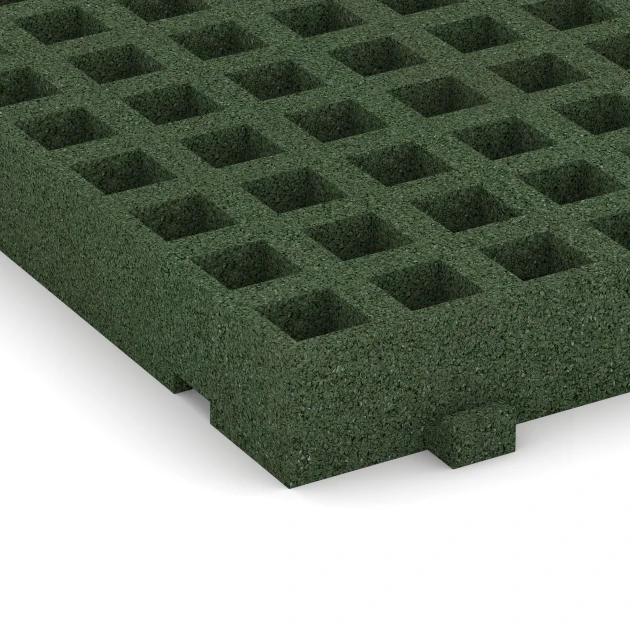 Detailaufnahme der Randausprägung von WARCO-Produkt 6120, Fallschutz-Rasengittermatte, Format 100 × 50 × 8 cm, Farbe Grasgrün.