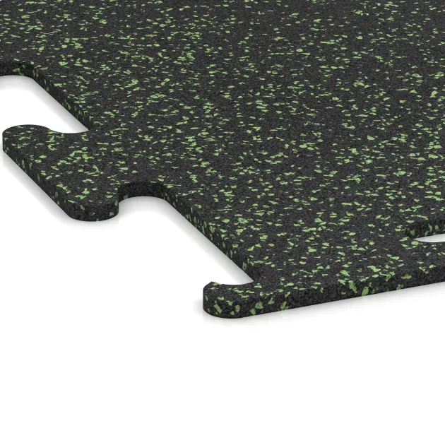 Detailaufnahme der Randausprägung von WARCO-Produkt 3755, Fitness Performance Elite Trainingsboden, Format 1000 x 1000 x 10 mm, Farbe Leicht Grün Gesprenkelt.