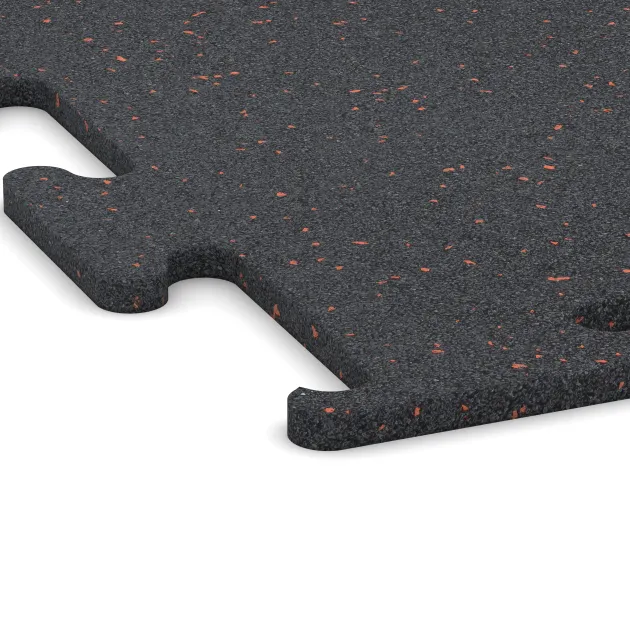 Detailaufnahme der Randausprägung von WARCO-Produkt 3757, Fitness Performance Elite Trainingsboden, Format 1000 x 1000 x 15 mm, Farbe Leicht Rot Gesprenkelt.