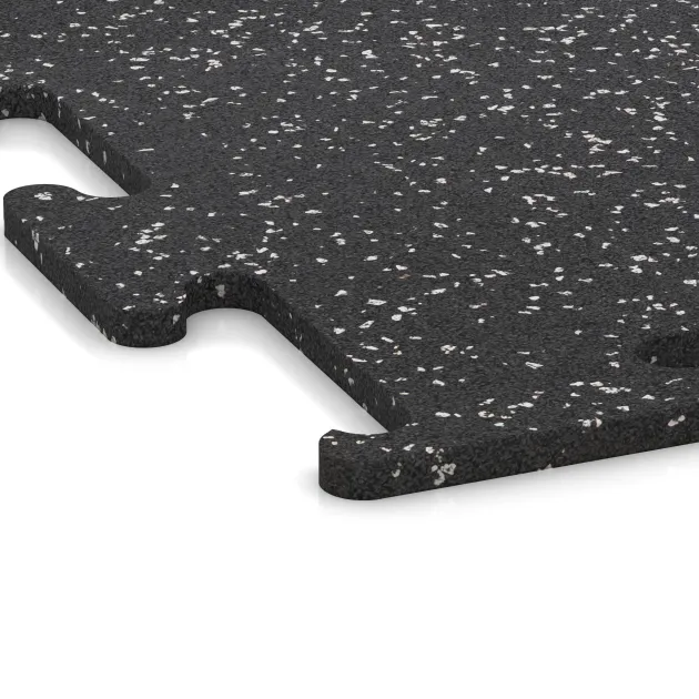 Detailaufnahme der Randausprägung von WARCO-Produkt 3777, Fitness Performance Elite Trainingsboden, Format 1000 x 1000 x 15 mm, Farbe Leicht Grau Gesprenkelt.